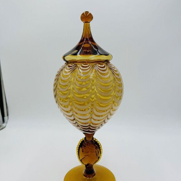 MCM Italy LAVORAZIONE EMPOLI Draped Amber cameo Art Glass Vase Compote Lidded - Picture 9 of 15